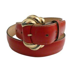 vtg 80s 90s CALDERON red leather belt w sculpted buckle sz S